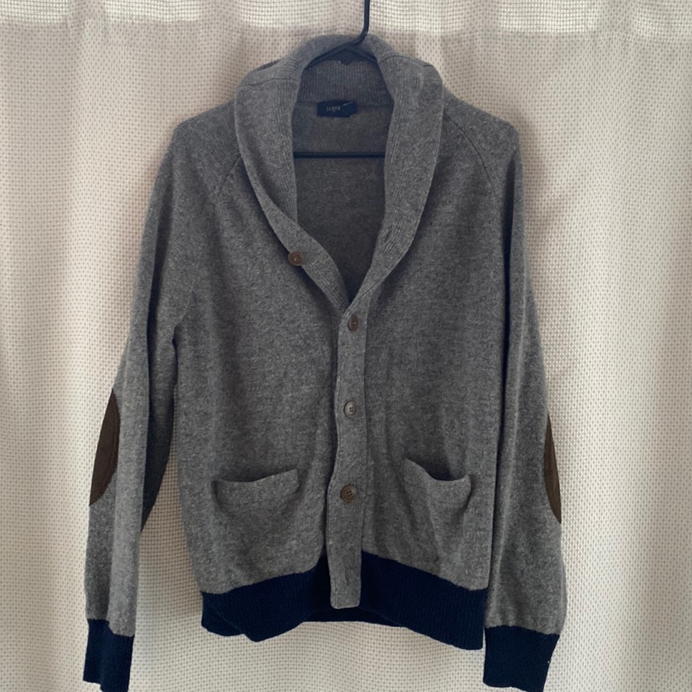 EUC - Men’s L - J.Crew lambswool shawl-collared cardigan w/ elbow patchwork